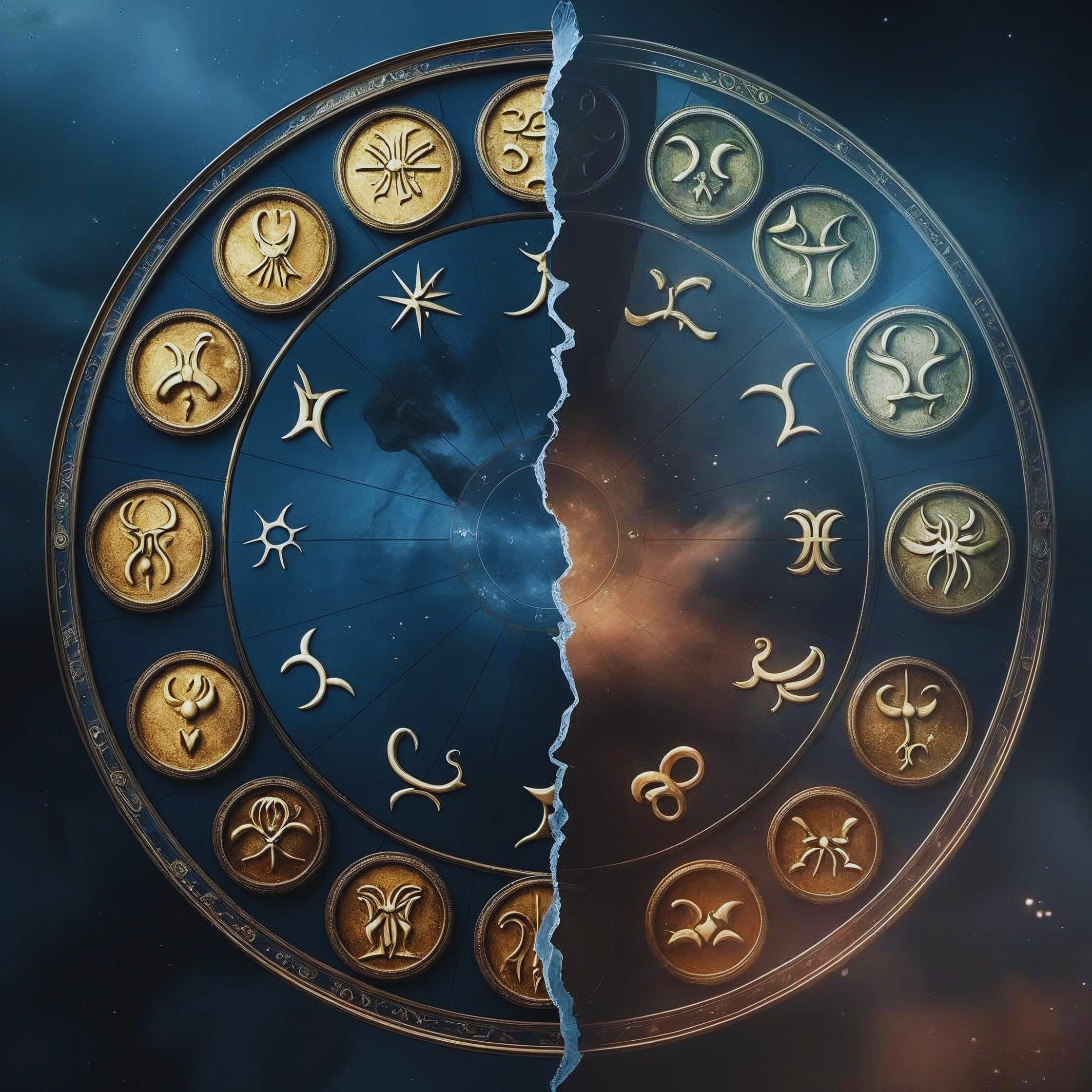 Zodíaco Invertido: a fenda simbólica entre o eu solar e a sombra Mandala do zodíaco dividida em duas partes, com símbolos astrológicos em contraste, representando o lado oculto de cada signo.