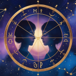 Duas figuras espelhadas dentro de um círculo zodiacal dourado sobre um céu estrelado, representando o conceito do Zodíaco Invertido.