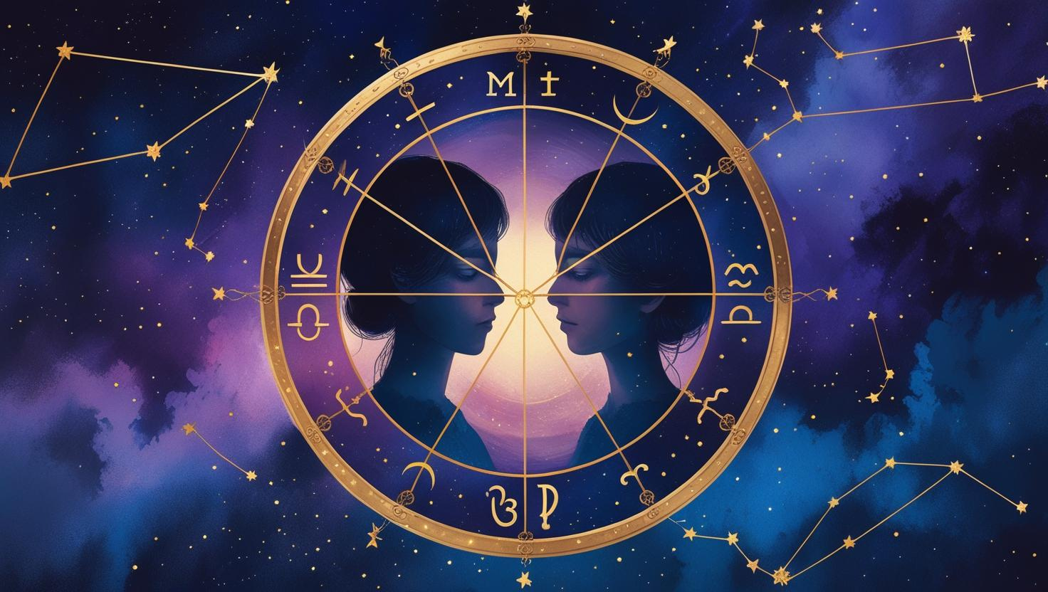 Duas figuras espelhadas dentro de um círculo zodiacal dourado sobre um céu estrelado, representando o conceito do Zodíaco Invertido.